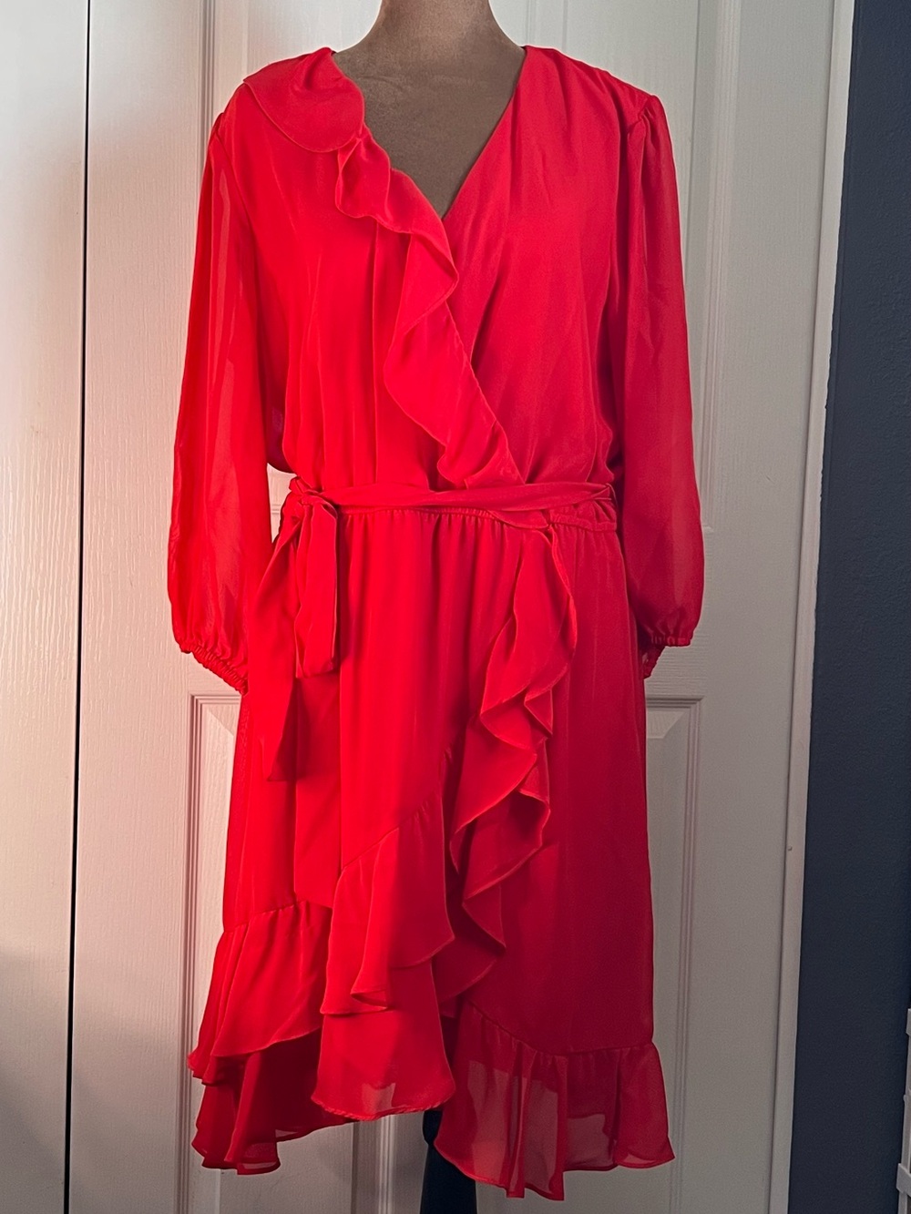 Women’s Red Ruffle Wrap Long Sleeve Dress